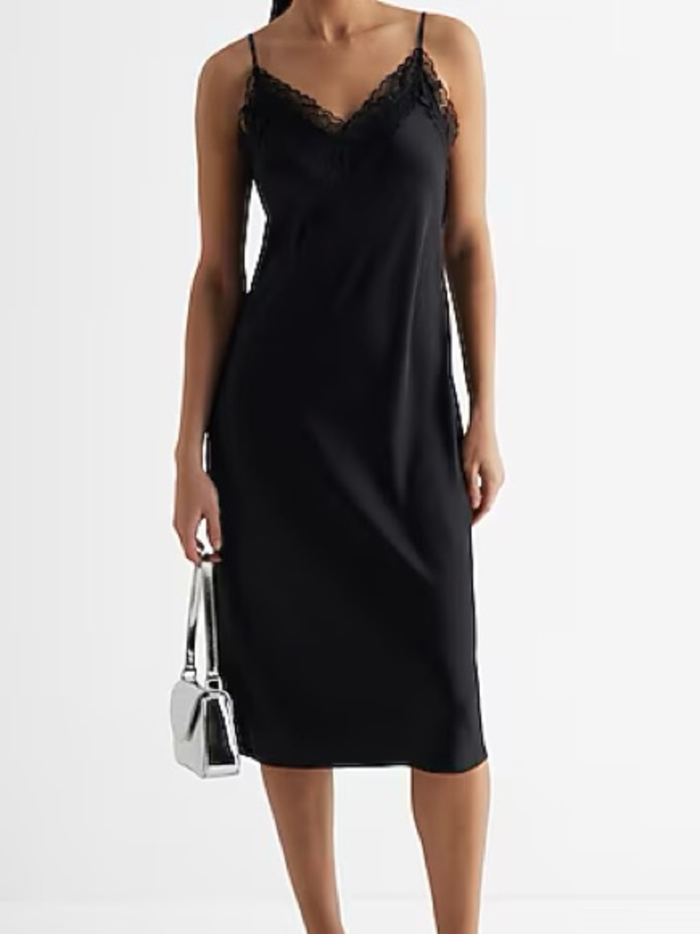 Express Black Lace-Trim Slip Midi Dress